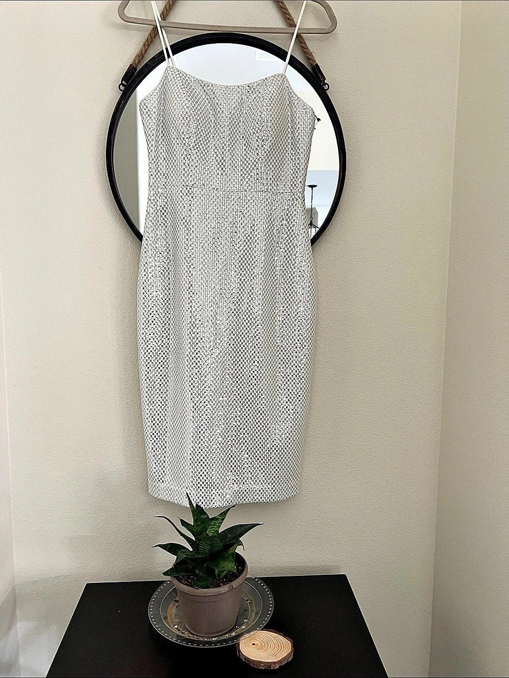 Sequin Midi Dress in Silver & White
